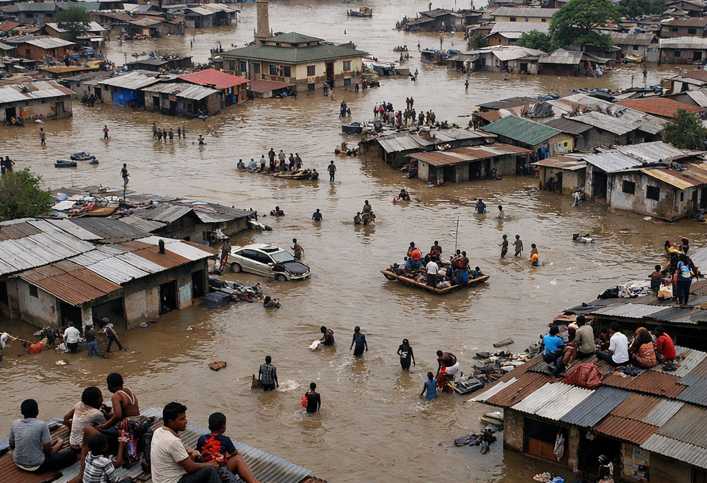 Flooded urban area with people wading and using boats among submerged houses