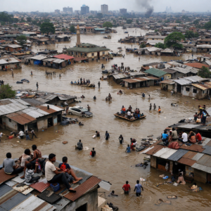 Flooded urban area with people wading and using boats among submerged houses